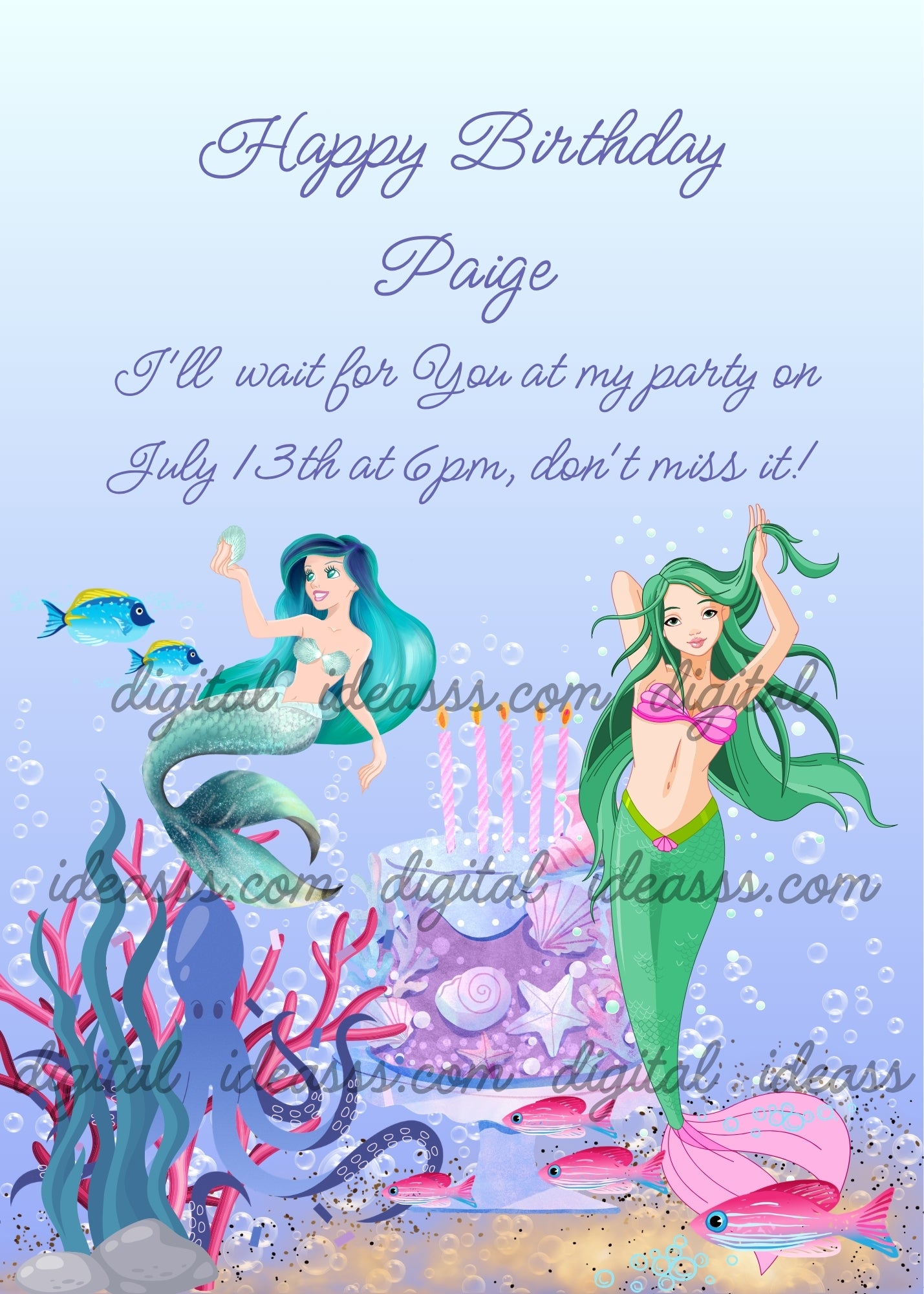 Two teenage mermaids with turquoise and green hair, birthday cake with pink candles, blue octopus, pink corals, blue and pink fish and bubbles on light blue background — birthday card for girls aged 10 to 14