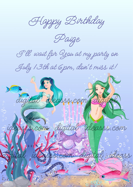 Two teenage mermaids with turquoise and green hair, birthday cake with pink candles, blue octopus, pink corals, blue and pink fish and bubbles on light blue background — birthday card for girls aged 10 to 14