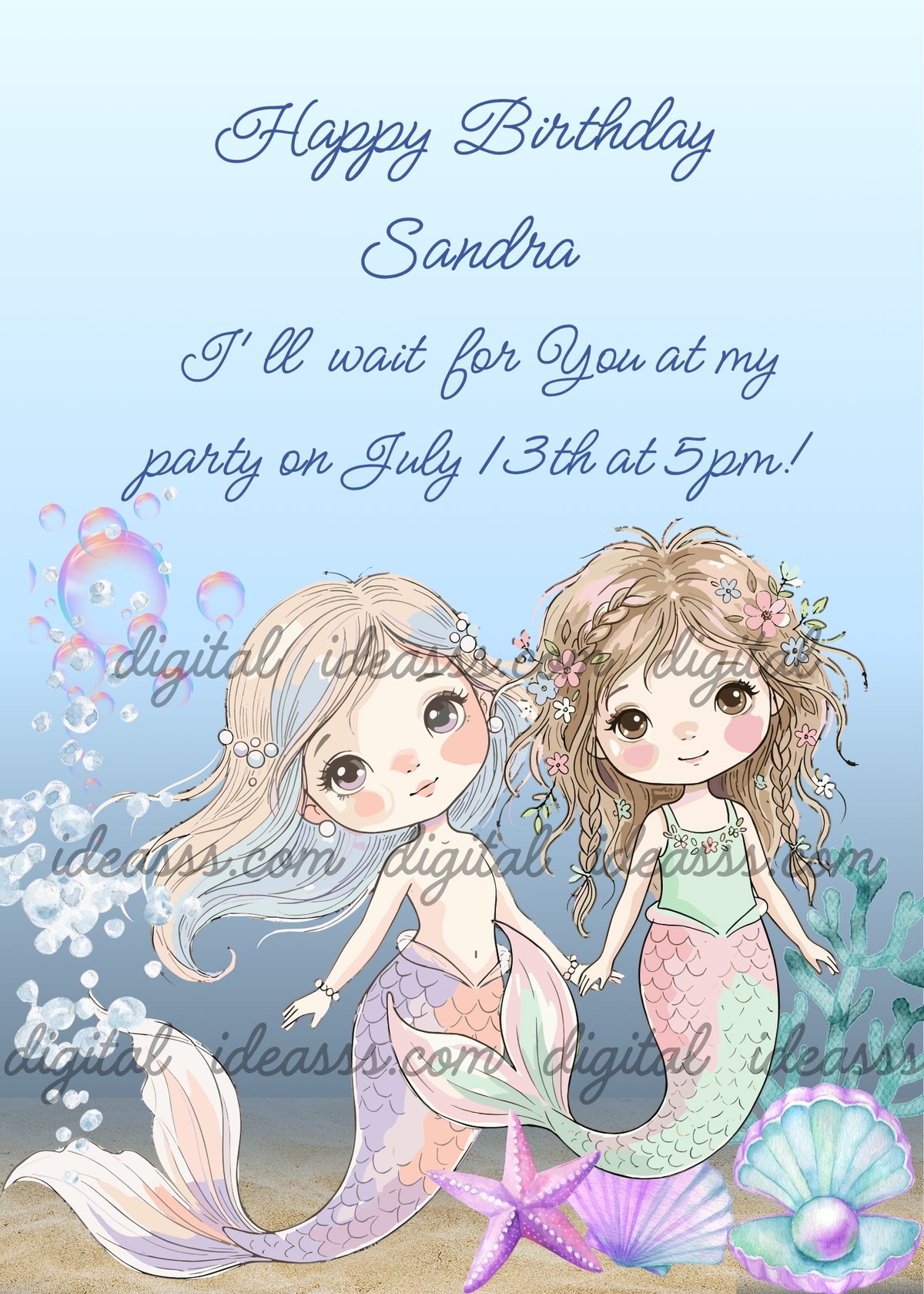 Two mermaids with light brown hair and flowers, pink and green tails, holding hands, purple starfish, shell with pearl, colorful bubbles on light blue background — birthday card for girls aged 9 to 14