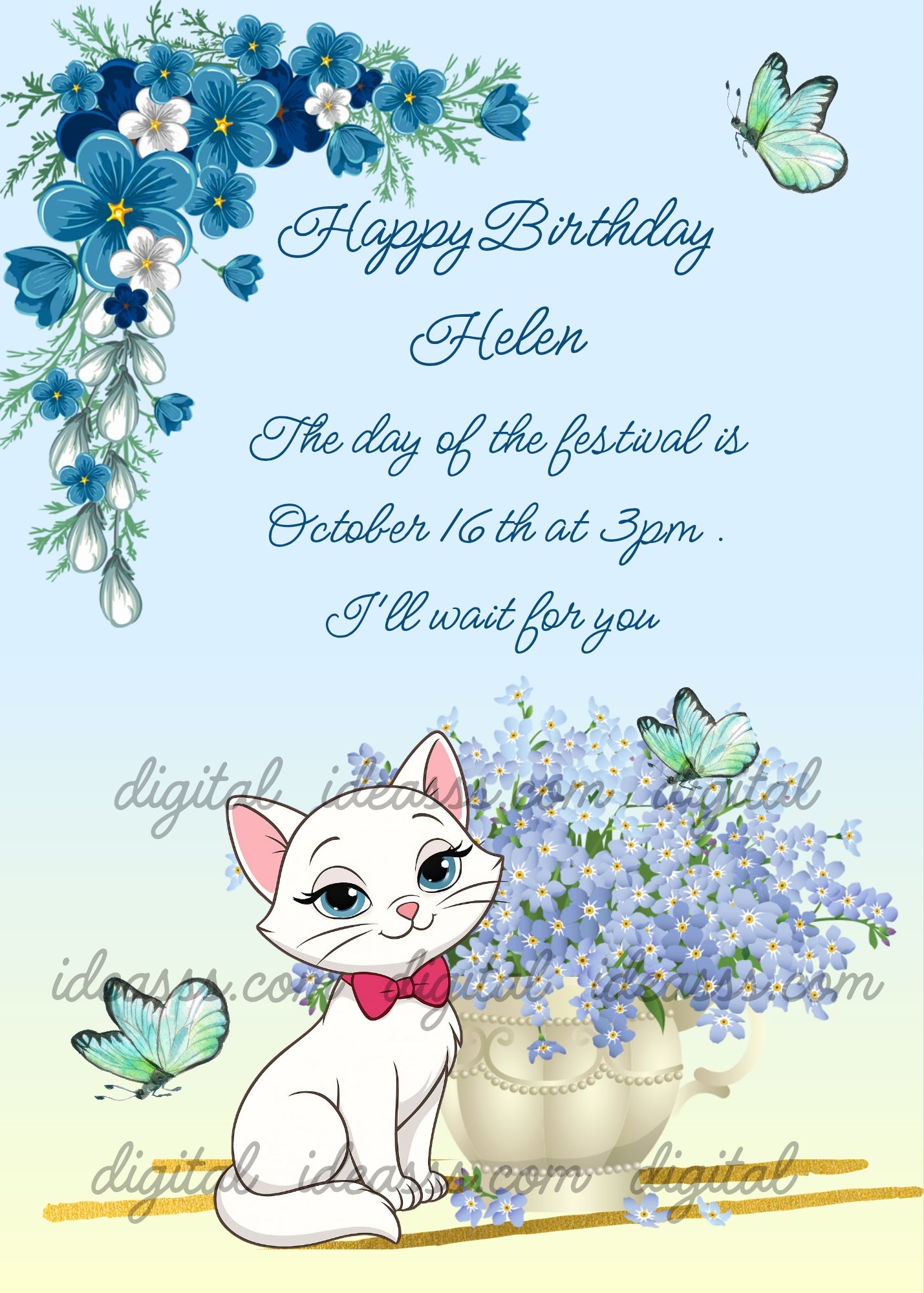 A white cat with a red bow next to a vase of forget-me-not flowers and green butterflies on a light blue background -printable birthday card for girls 7-14