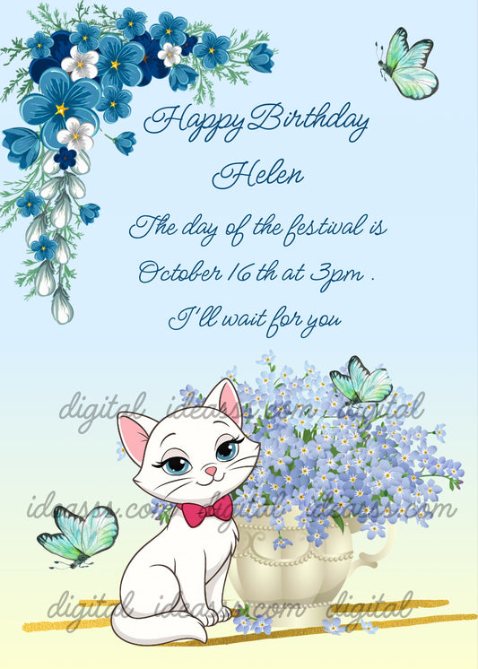 A white cat with a red bow next to a vase of forget-me-not flowers and green butterflies on a light blue background -printable birthday card for girls 7-14