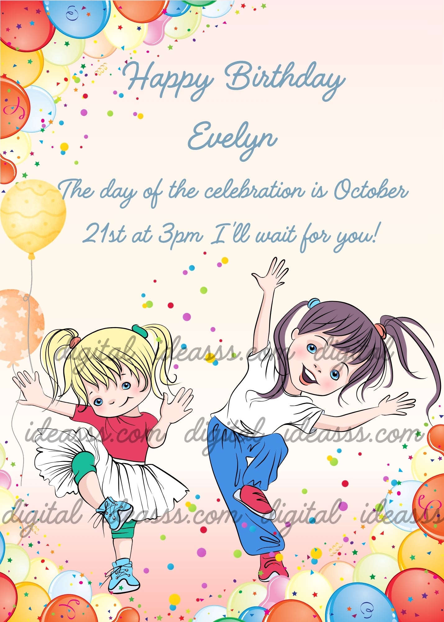 Two little girls dancing joyfully with colorful balloons and confetti on a soft peach background — birthday card for children 5-12