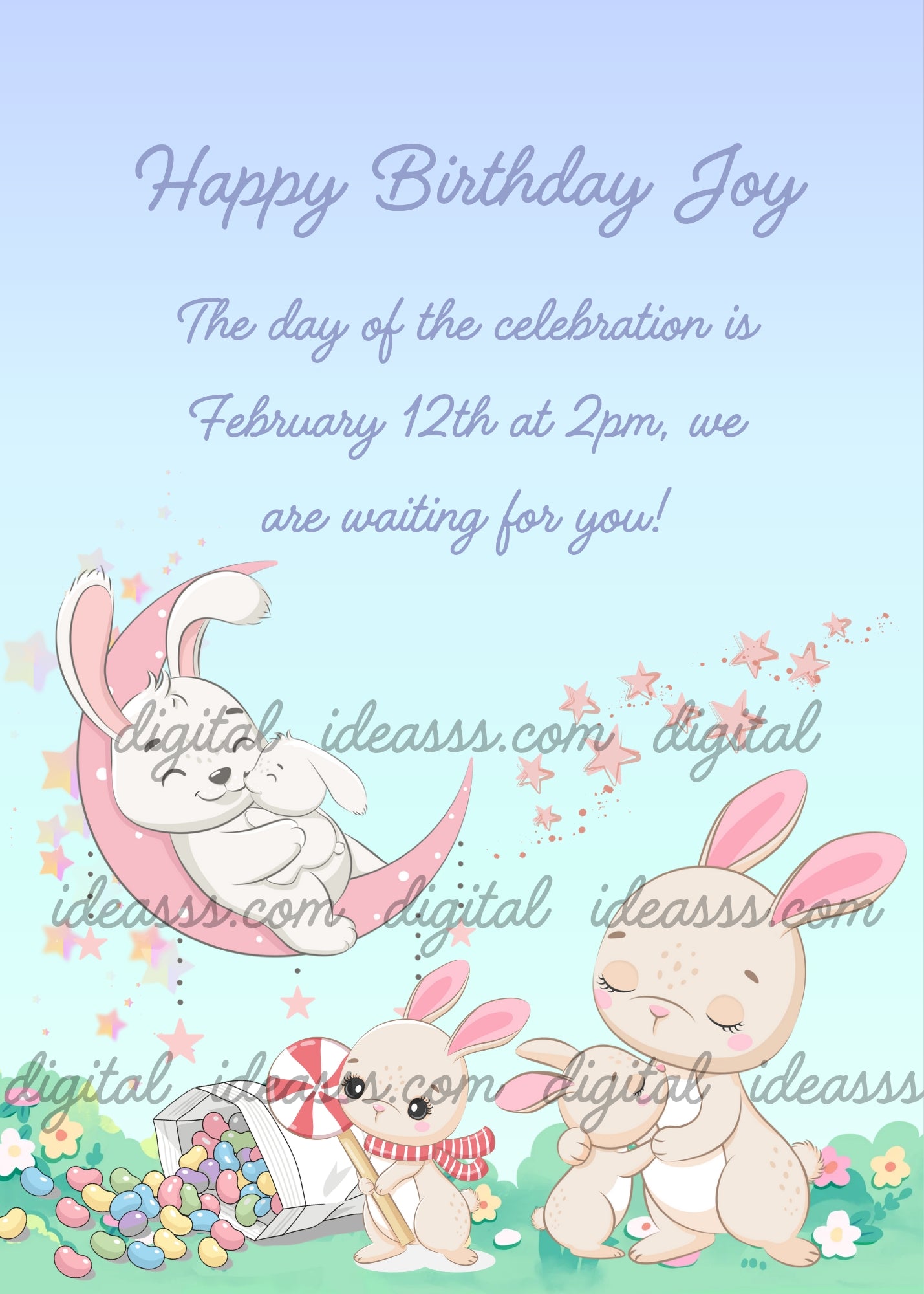 A father bunny lying on a pink crescent moon cuddling a baby bunny, a small bunny holding a lollipop next to a spilled bag of colorful candies, and a mother bunny hugging a little bunny on the grass, with pink stars and flowers on a soft blue and mint gradient background — birthday card for children aged 1 to 9