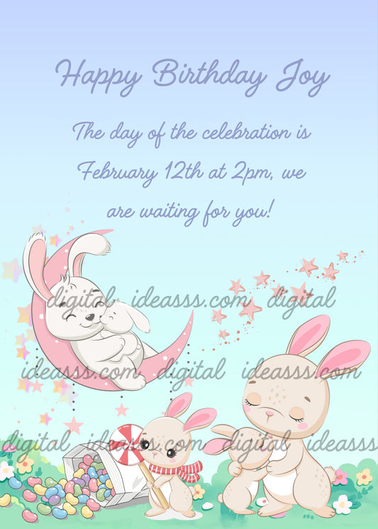 A father bunny lying on a pink crescent moon cuddling a baby bunny, a small bunny holding a lollipop next to a spilled bag of colorful candies, and a mother bunny hugging a little bunny on the grass, with pink stars and flowers on a soft blue and mint gradient background — birthday card for children aged 1 to 9