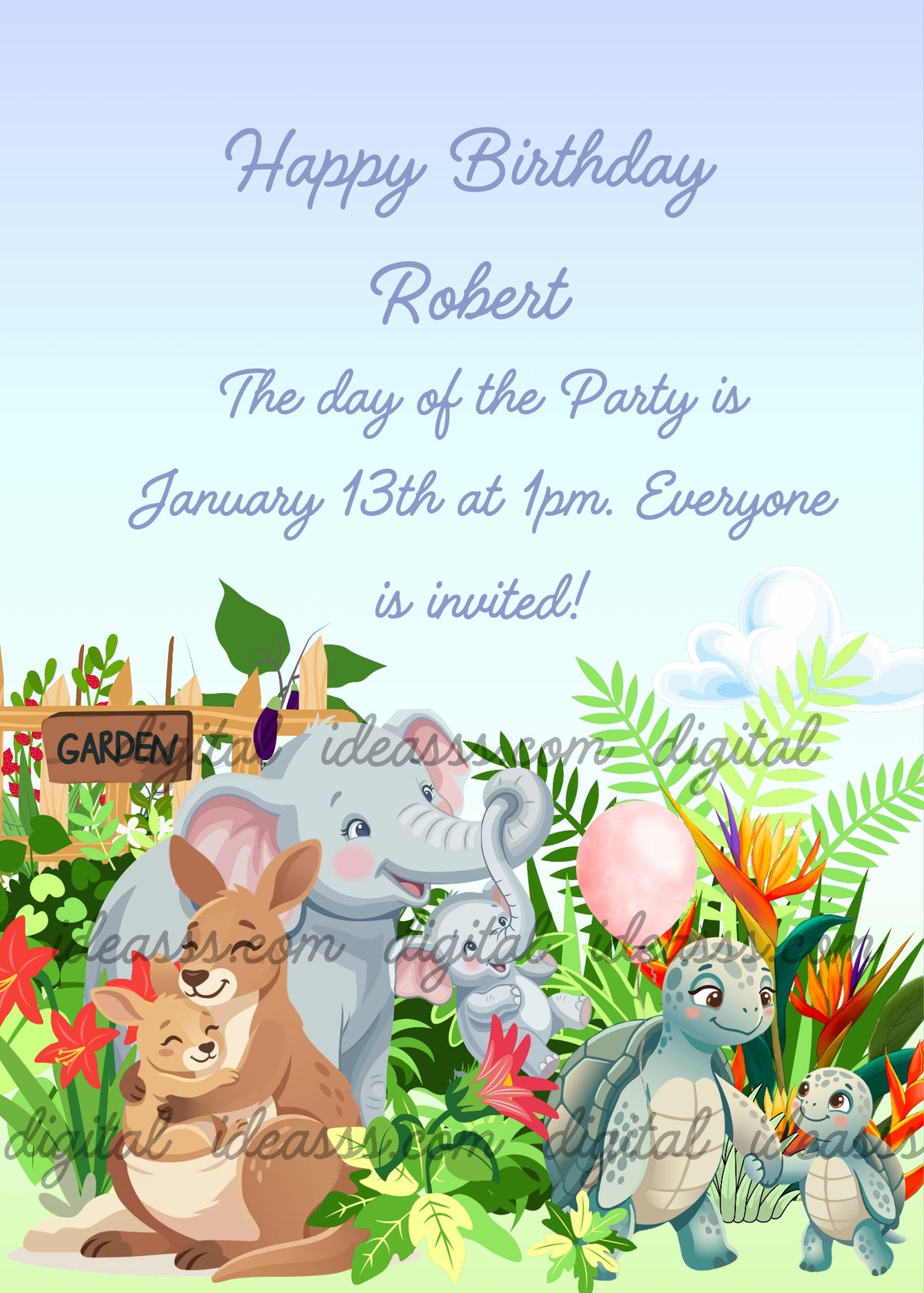 A mother kangaroo with her joey in her pouch, a mother elephant with her baby, and a mother turtle holding a pink balloon with her paw, in a lush green jungle garden with colorful flowers — cartoon birthday card for kids aged 1 to 9