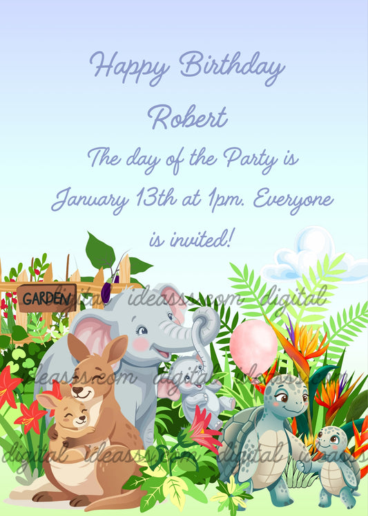 A mother kangaroo with her joey in her pouch, a mother elephant with her baby, and a mother turtle holding a pink balloon with her paw, in a lush green jungle garden with colorful flowers — cartoon birthday card for kids aged 1 to 9