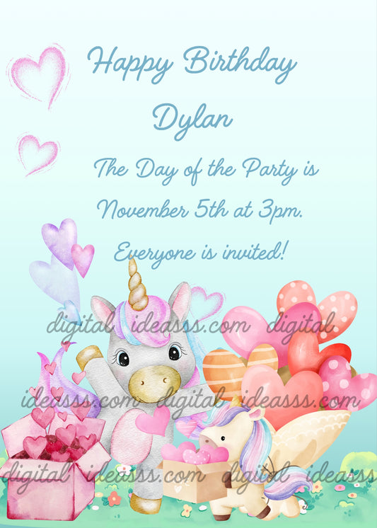 A cute and adorable kawaii baby unicorn with a pink mane, holding a box full of hearts between its hooves for its mom. A bunch of colorful heart-shaped balloons against a soft blue gradient background — a children's birthday card for children aged 1 to 9