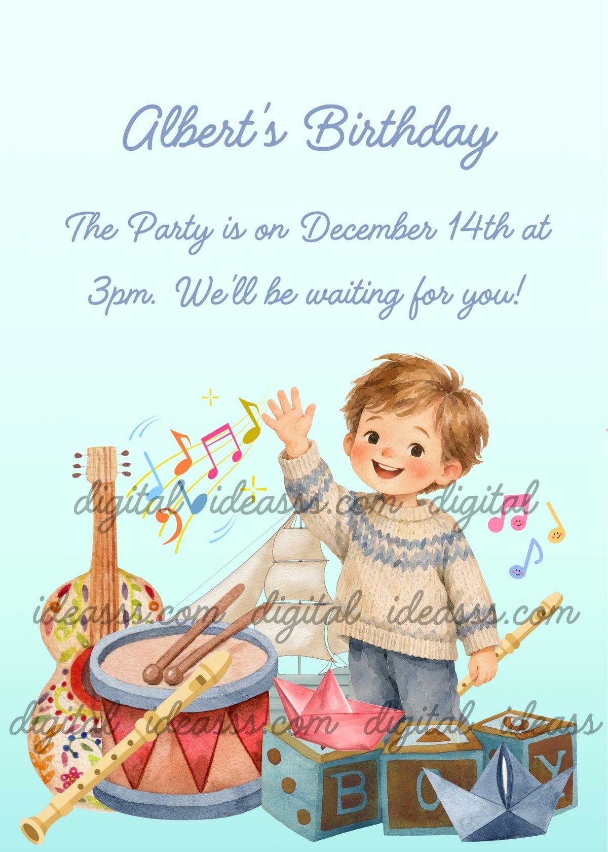 Smiling brown-haired boy waving and holding a yellow recorder, wearing a cream patterned sweater and blue jeans, beside a red drum with drumsticks, a flute, a decorated toy guitar, a toy sailing ship, BOY blocks and red and blue paper boats, with colorful musical notes on a light blue background - printable birthday card for boys aged 1 to 8