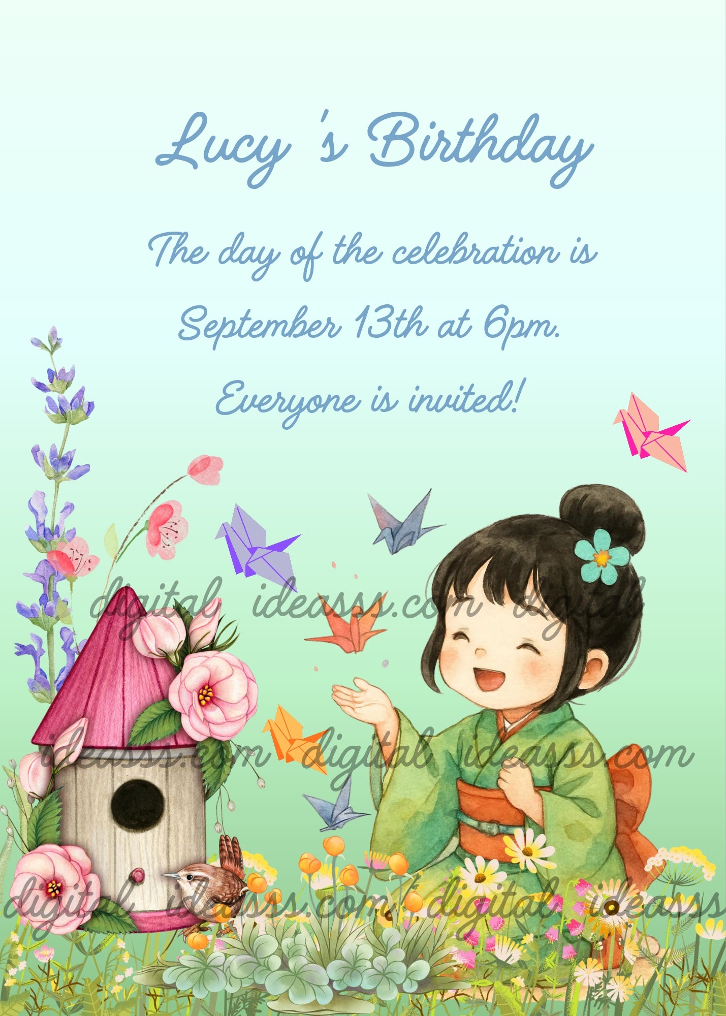 Cute Japanese girl in green kimono with colorful origami paper cranes, birdhouse with pink roses, lavender flowers and daisies on a light blue-green gradient background — birthday card for girls aged 6 to 12
