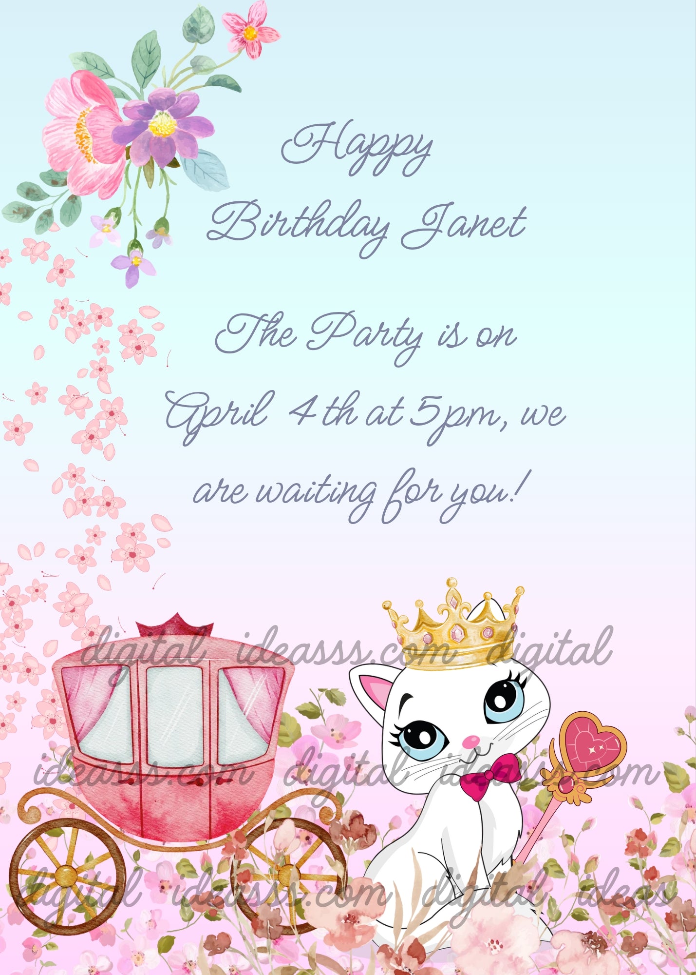  A white cat with a golden crown and a pink sceptre next to a pink princess carriage among cherry blossoms on a pastel pink background - printable birthday card for girls 1-9