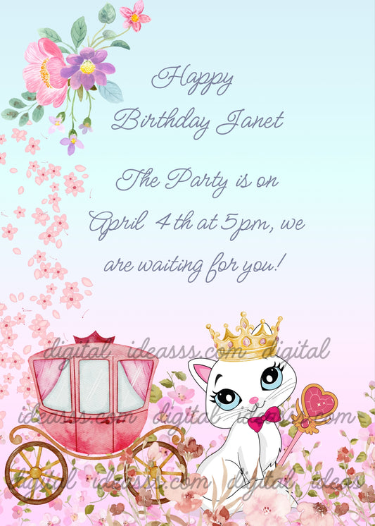  A white cat with a golden crown and a pink sceptre next to a pink princess carriage among cherry blossoms on a pastel pink background - printable birthday card for girls 1-9