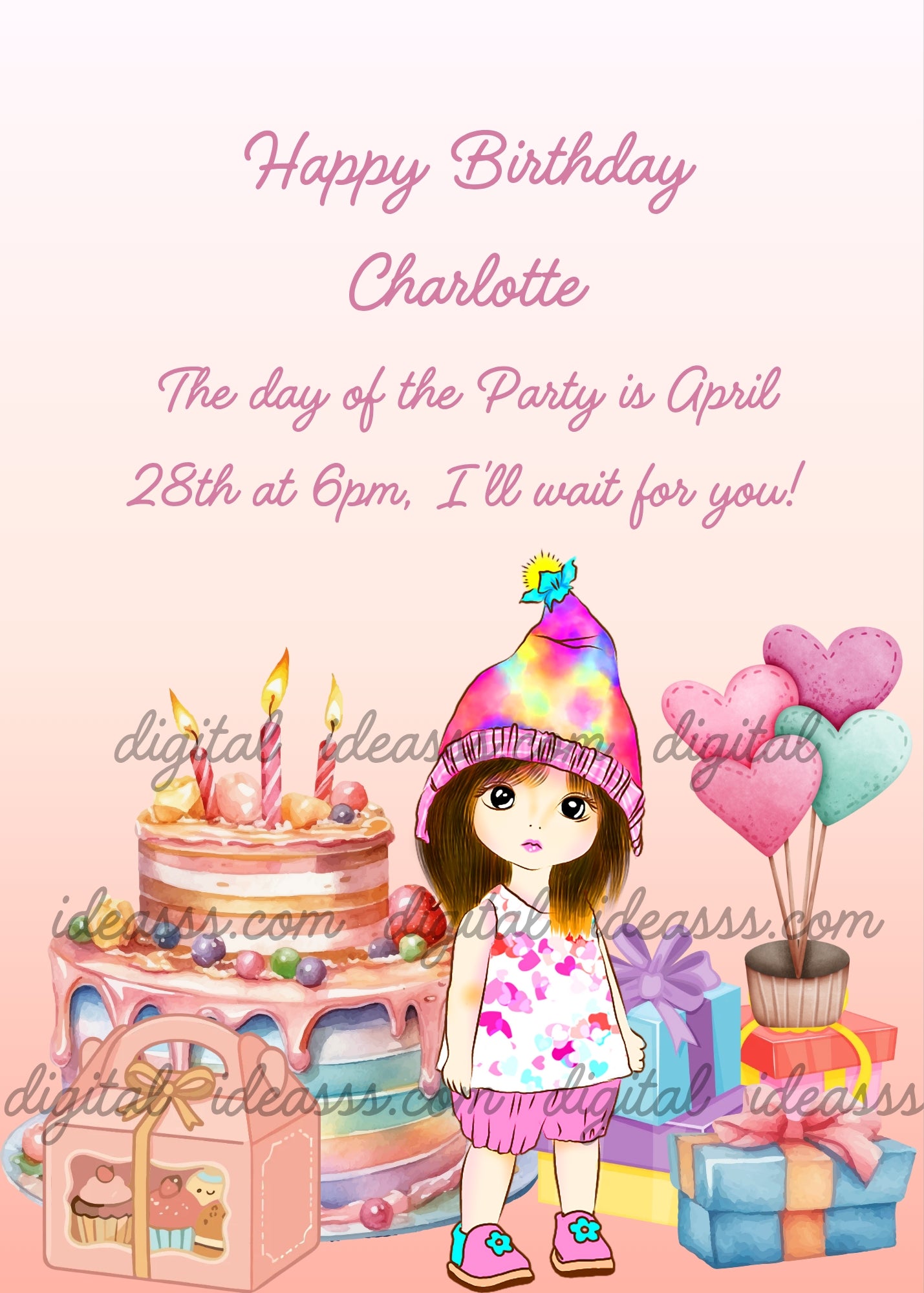 A cute brown-haired girl wearing a colorful rainbow party hat and a floral dress standing between a tall pink layered birthday cake with candles and candy decorations on the left, a bouquet of pink and mint heart-shaped balloons on the right, and a stack of colorful wrapped gifts with ribbons and bows, on a soft pink gradient background — birthday card for girls aged 1 to 9