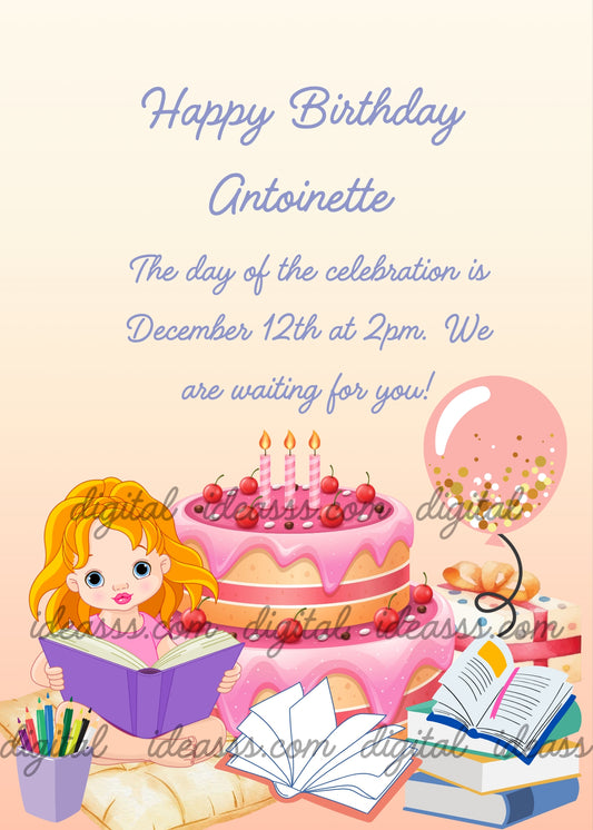 Cute blonde girl reading a fairy tale book next to a pink two-tier birthday cake with cherries and candles, colorful books, pencils, a confetti balloon and a gift box on a warm peach background — birthday card for girls aged 5 to 12