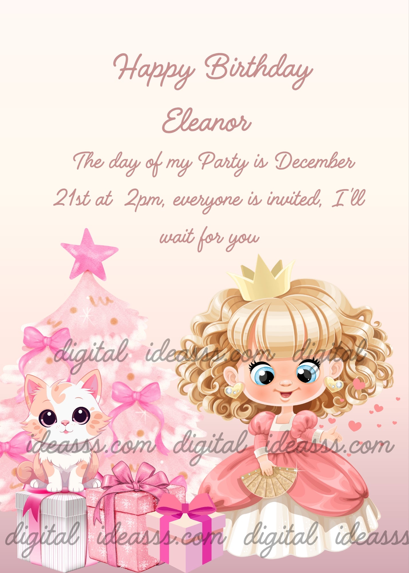 A kawaii blonde princess with curly hair and a golden crown in a pink and white dress with big blue eyes next to a kawaii white and beige kitten sitting on pink and silver gift boxes beside a pink Christmas tree with a pink star and pink bows with pink hearts on a soft pink cream gradient background — printable Christmas birthday card for girls ages 6 to 13
