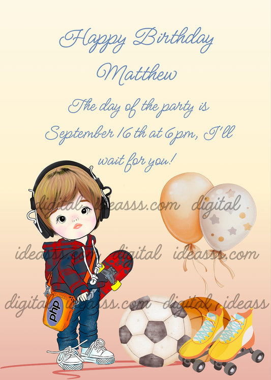  Boy with headphones, red plaid hoodie and skateboard, with a soccer ball, a bascketball, roller skates, balloons and an orange shoulder bag on a soft peach gradient background — birthday card for boys aged 6 to 13