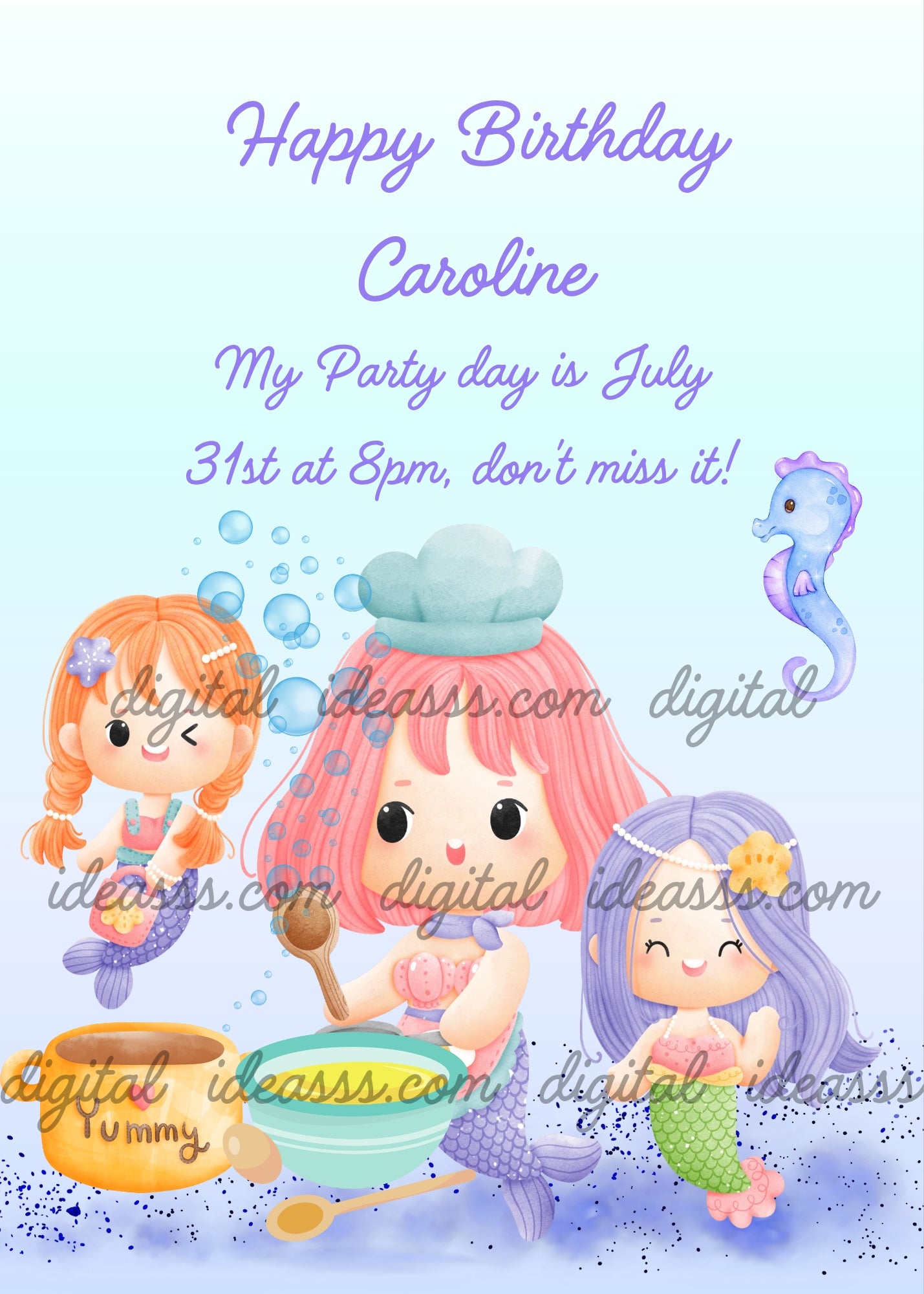  Three cute baby mermaids, one with orange braids and purple tail, one with pink hair and chef hat stirring a bowl, one with lilac hair and green tail, purple seahorse and blue bubbles on light blue background — birthday card for children aged 1 to 9