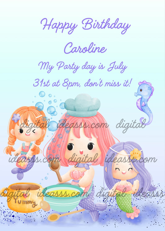  Three cute baby mermaids, one with orange braids and purple tail, one with pink hair and chef hat stirring a bowl, one with lilac hair and green tail, purple seahorse and blue bubbles on light blue background — birthday card for children aged 1 to 9