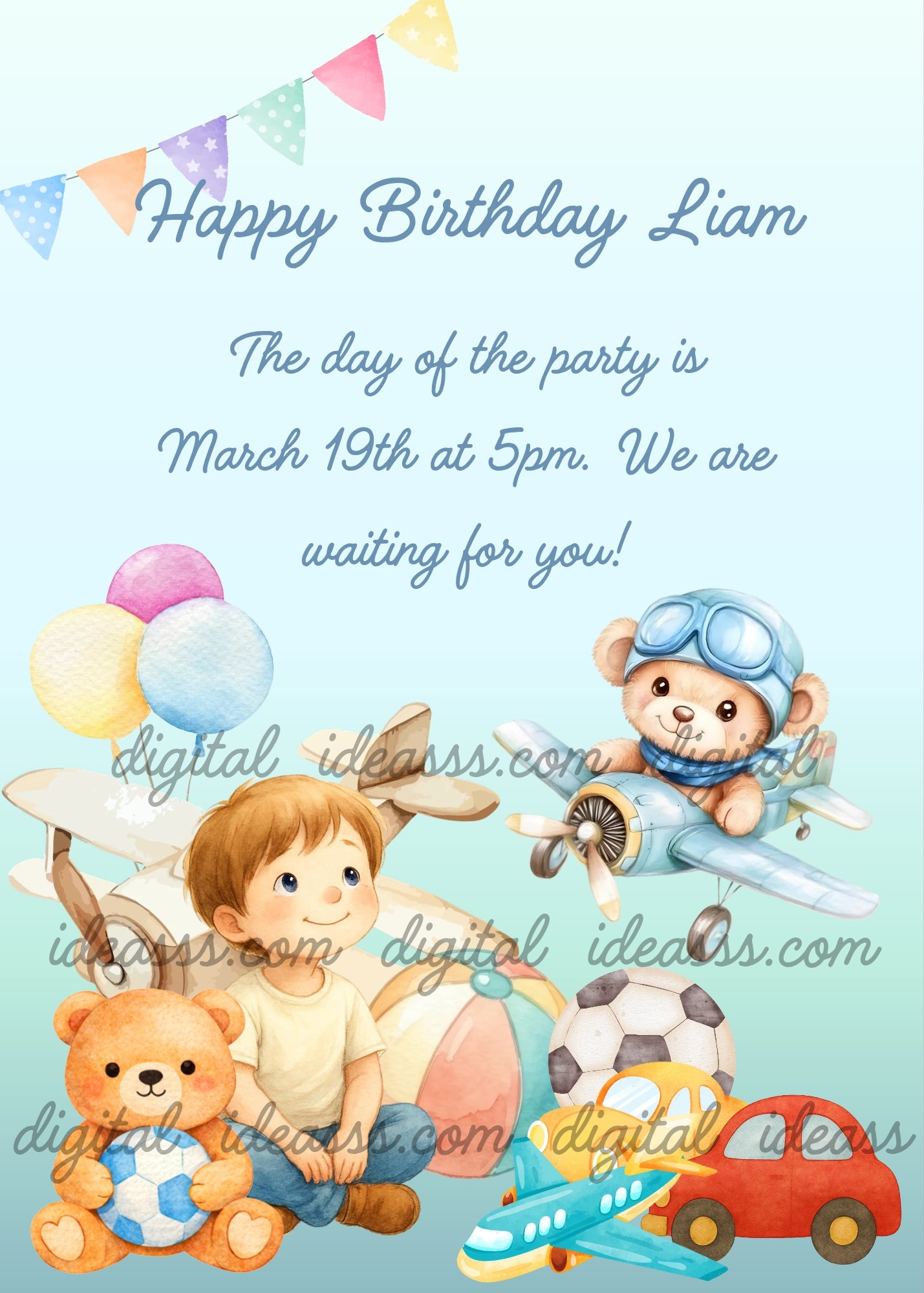 Cute watercolor boy sitting with a teddy bear and a soccer ball, a teddy bear pilot on a vintage airplane, colorful balloons, a red car and a blue toy airplane, with colorful bunting flags on a soft blue gradient background — birthday card for children aged 1 to 7