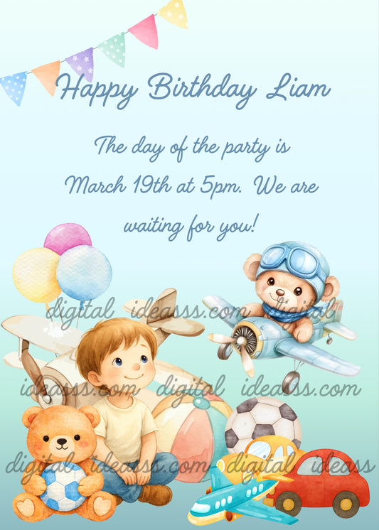 Cute watercolor boy sitting with a teddy bear and a soccer ball, a teddy bear pilot on a vintage airplane, colorful balloons, a red car and a blue toy airplane, with colorful bunting flags on a soft blue gradient background — birthday card for children aged 1 to 7