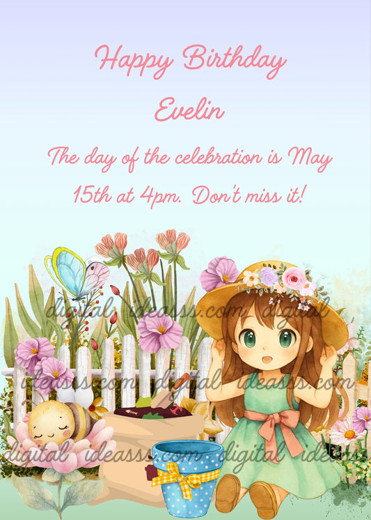 Cute girl with straw hat and mint green dress digging with a shovel in a spring garden, sleeping bee on pink flower, butterfly, white fence and light blue polka dot pot on a mint green and light blue gradient background — birthday card for girls aged 8 to 12