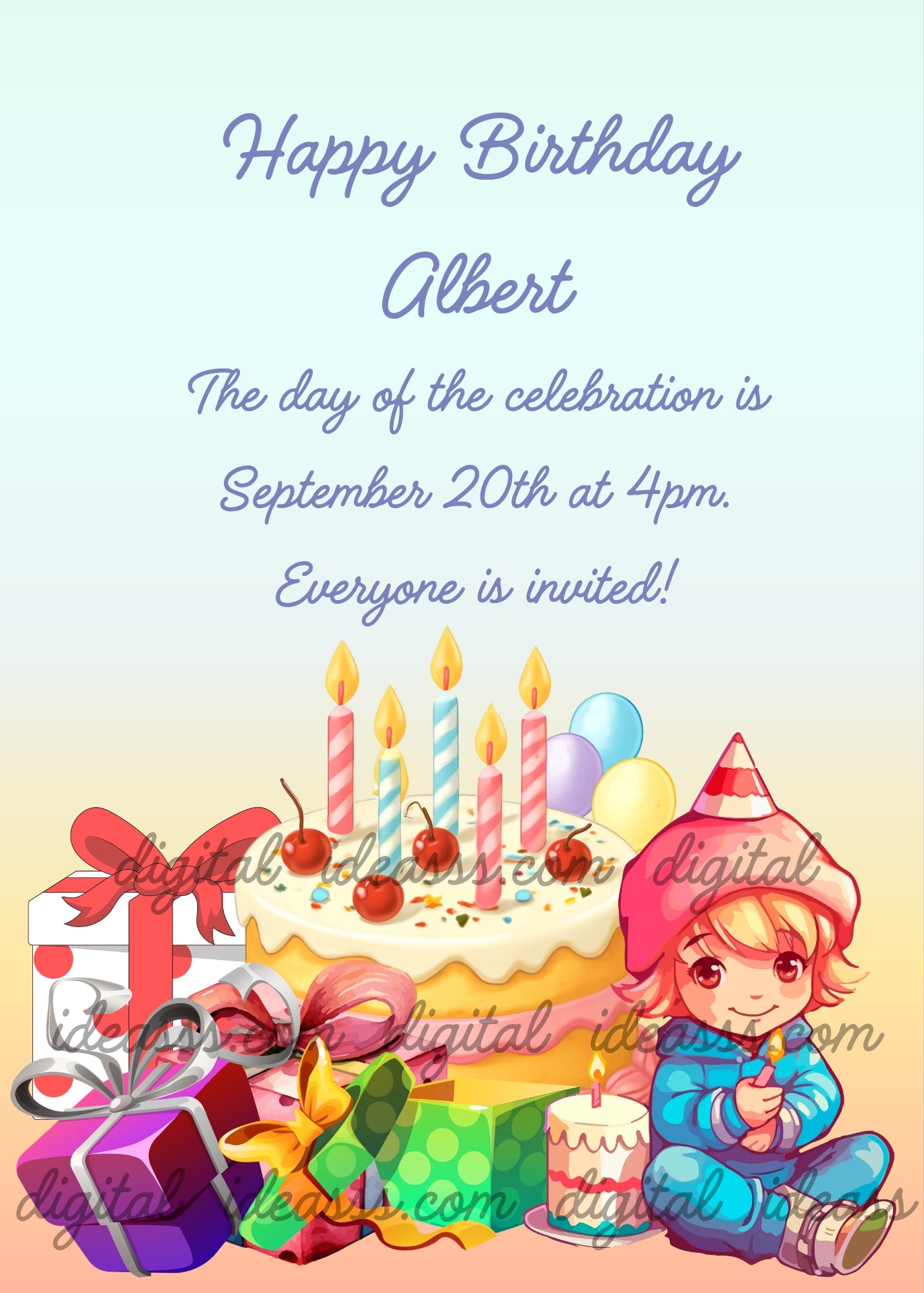 Cute cartoon child with a party hat sitting next to a birthday cake with cherries and colorful candles, colorful gift boxes in white, purple and green with pink and silver bows, and pastel balloons on a soft blue and peach gradient background — birthday card for children aged 6 to 12