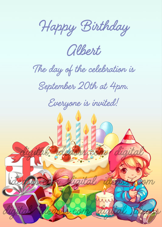 Cute cartoon child with a party hat sitting next to a birthday cake with cherries and colorful candles, colorful gift boxes in white, purple and green with pink and silver bows, and pastel balloons on a soft blue and peach gradient background — birthday card for children aged 6 to 12