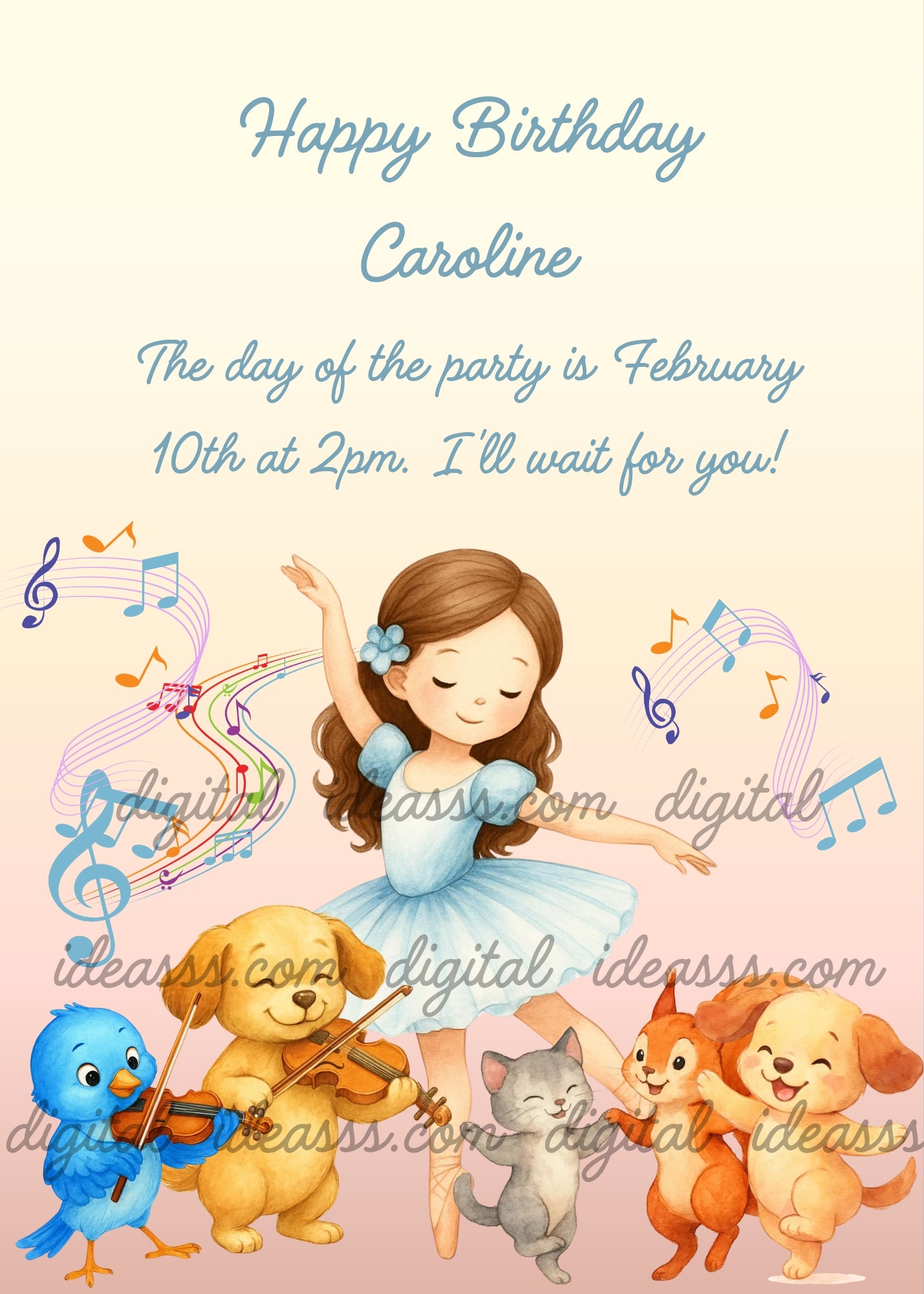 A sweet brown-haired ballerina in a blue tutu dancing with animal friends playing music — a puppy with violin, a blue bird, a squirrel, a cat and another puppy on a soft peach background — birthday card for girls 6-14