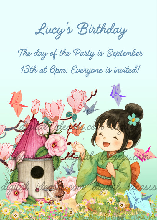 Japanese kawaii girl in green kimono with teal flower in dark hair kneeling in garden, colorful origami cranes flying in pink orange blue and purple, wooden birdhouse with pink roof surrounded by pink peonies and magnolia flowers, small brown bird at base, white daisies and yellow flowers, soft blue teal gradient background — birthday card for girls aged 6 to 12