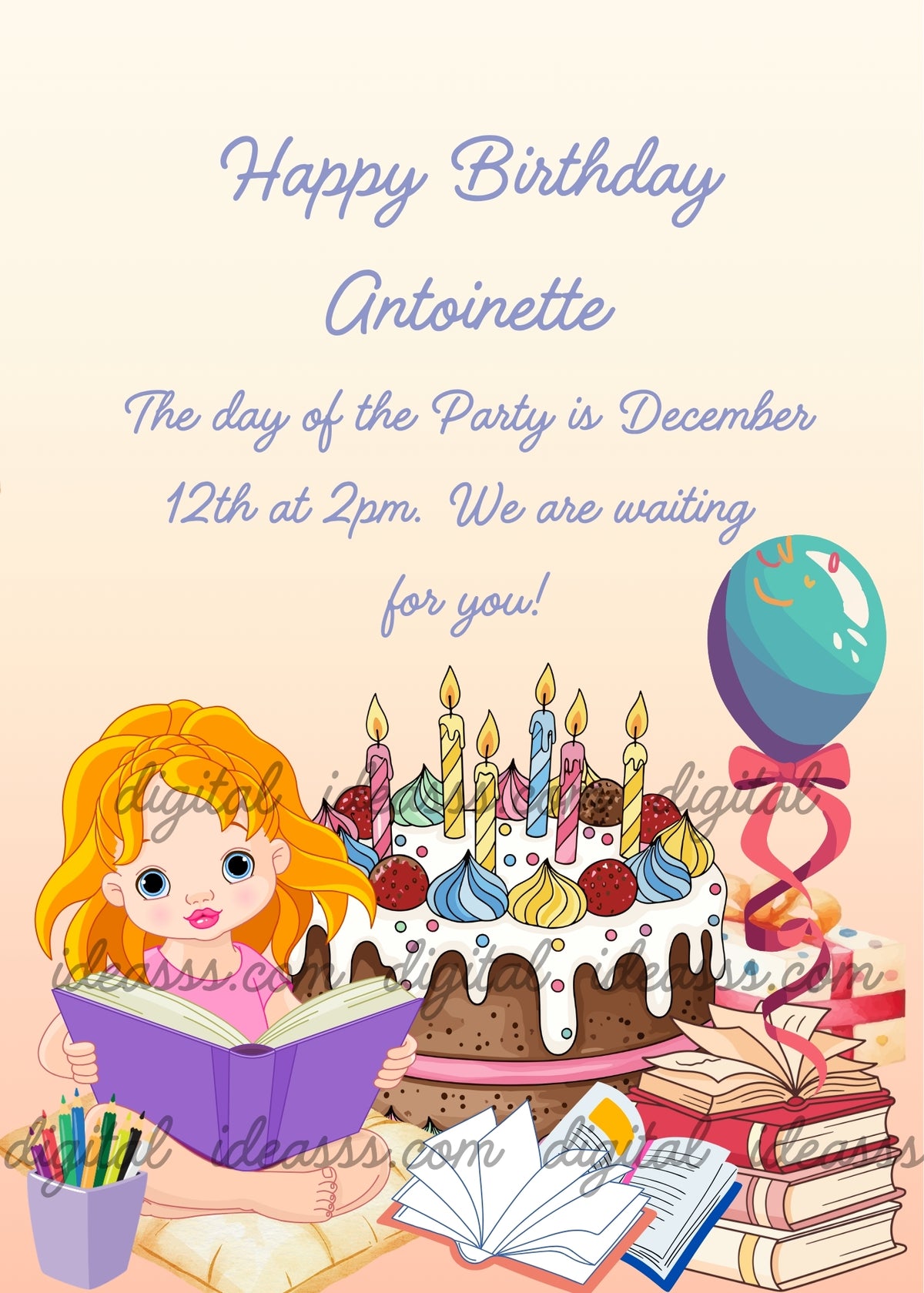 Blonde girl in a pink top reading a purple book beside a chocolate birthday cake with white frosting, colorful swirls, cherries and lit candles. Open books, a stack of red and cream books, a cup of pencils and a teal-and-purple balloon with a pink bow complete the warm peach party scene — printable birthday invitation for girls aged 5 to 12