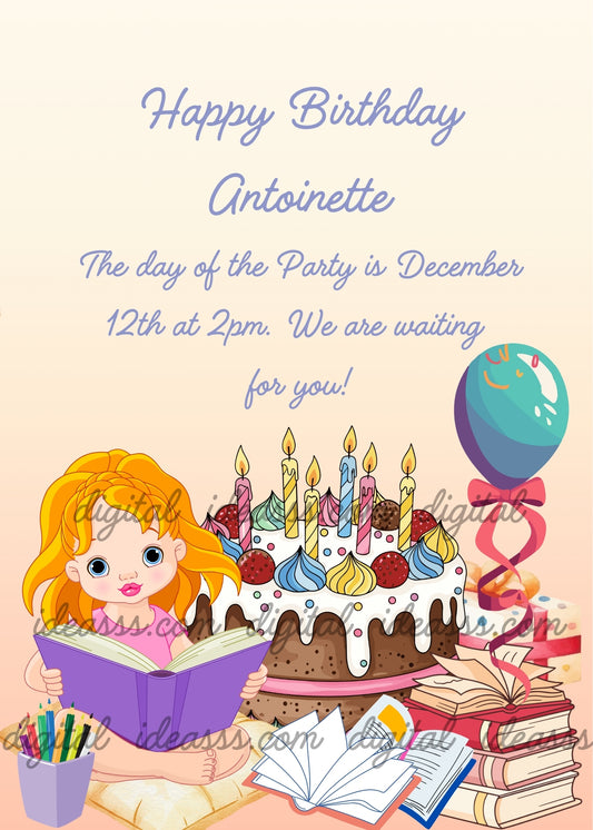 Blonde girl in a pink top reading a purple book beside a chocolate birthday cake with white frosting, colorful swirls, cherries and lit candles. Open books, a stack of red and cream books, a cup of pencils and a teal-and-purple balloon with a pink bow complete the warm peach party scene — printable birthday invitation for girls aged 5 to 12