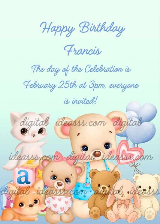 Large teddy bear in blue overalls holding a pink heart-shaped lollipop, small teddy bear in pink diaper, brown teddy bear, white teddy bear with bow, white kitten, orange puppy and colorful alphabet block on a soft blue gradient background — birthday card for children aged 1 to 7
