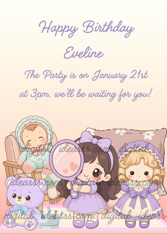 Girl in a lilac dress and matching hair bow holding a heart-decorated hand mirror beside a blonde princess doll in lilac and cream, a baby doll on a pink armchair, a lilac teddy bear and a toy crown on a rug against a cream-to-peach background - printable birthday card for girls aged 5 to 12