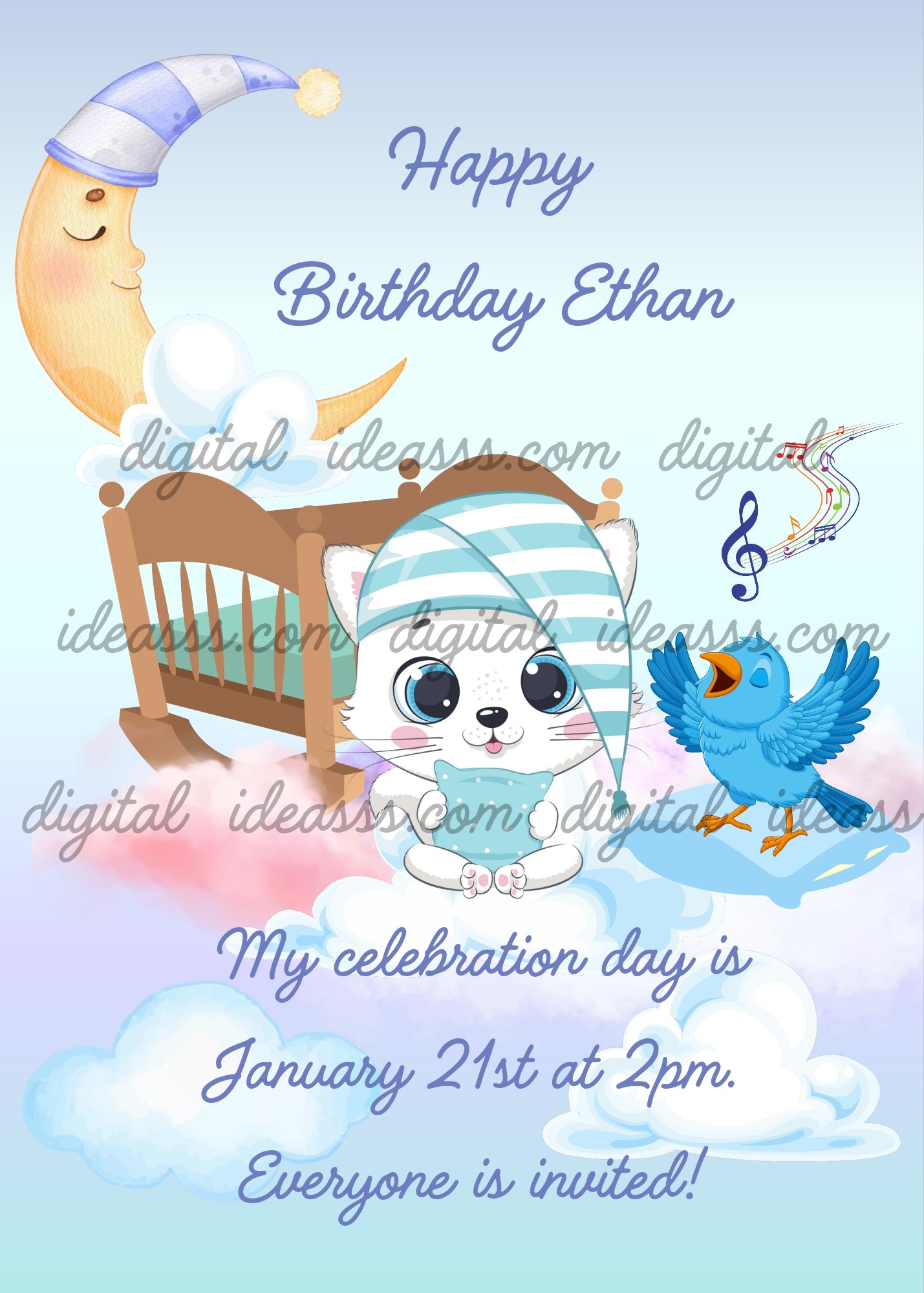 A cute white cat wearing a striped blue nightcap sitting in front of a wooden rocking crib holding a pillow, with a smiling crescent moon, a blue bird singing musical notes and soft pink and white clouds on a light blue background — birthday card for children aged 1 to 9