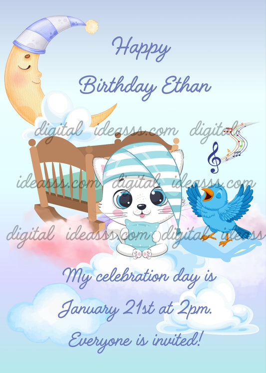 A cute white cat wearing a striped blue nightcap sitting in front of a wooden rocking crib holding a pillow, with a smiling crescent moon, a blue bird singing musical notes and soft pink and white clouds on a light blue background — birthday card for children aged 1 to 9