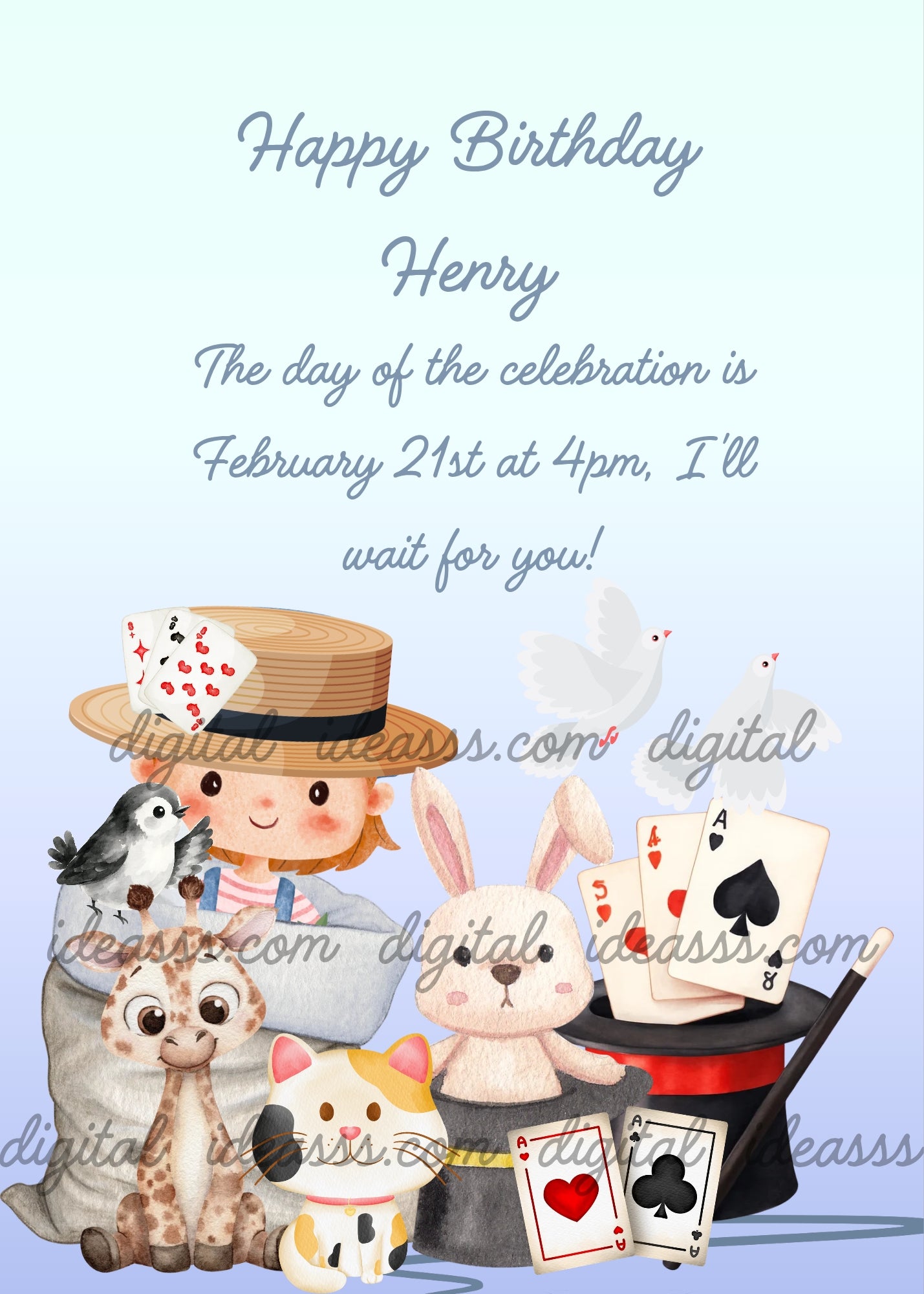 Child magician pulling toy rabbit, toy giraffe and toy cat out of a magic hat with playing cards and doves on a light blue background — birthday card for children aged 3 to 10