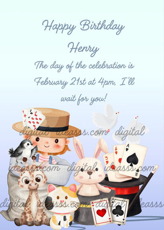 Child magician pulling toy rabbit, toy giraffe and toy cat out of a magic hat with playing cards and doves on a light blue background — birthday card for children aged 3 to 10