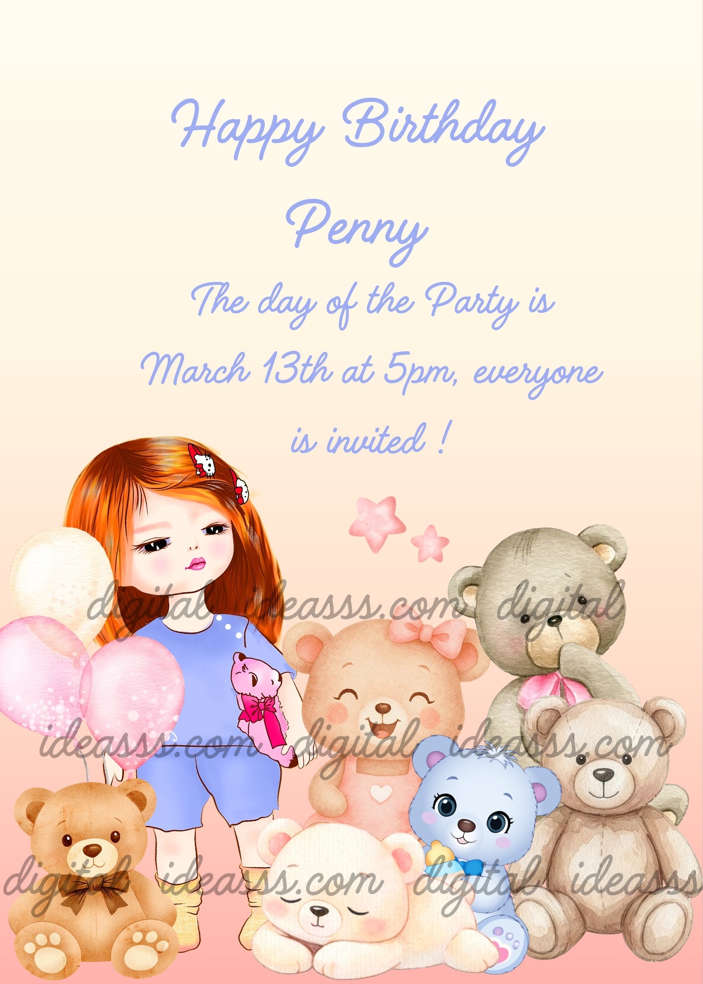 Sweet red-haired girl in a light blue dress holding a small pink teddy bear, surrounded by six watercolor teddy bears in beige, pink, blue and grey tones, with pink balloons on a soft pastel peach and pink gradient background — birthday card for girlss aged 1 to 9