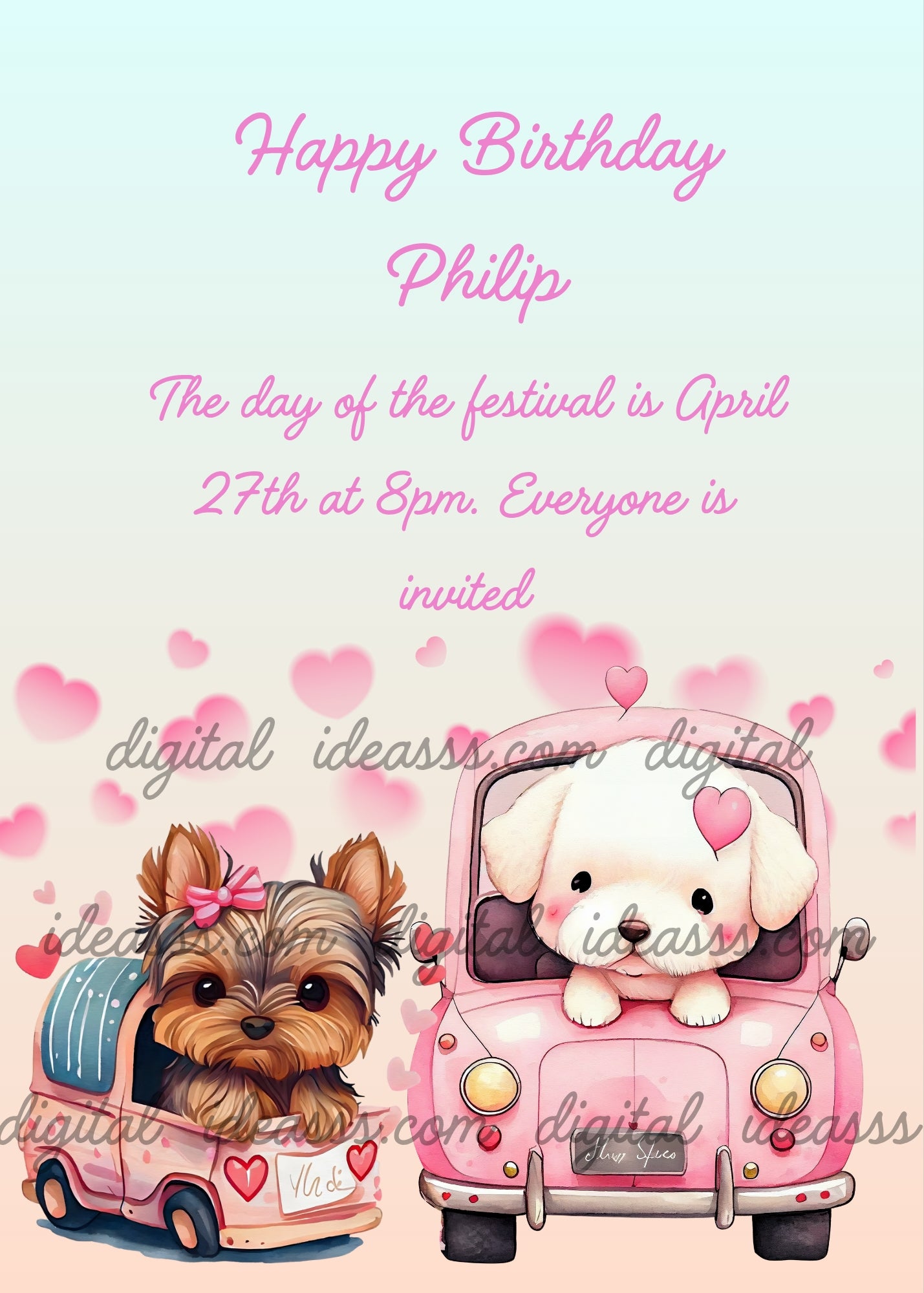 A Yorkshire Terrier puppy and a fluffy white puppy riding pink toy cars surrounded by floating pink hearts — printable birthday card for kids 1-9