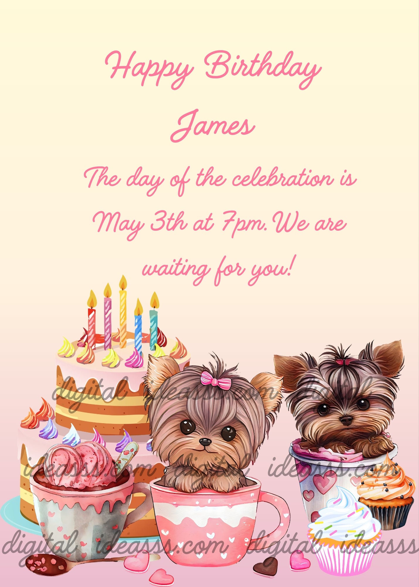 Two adorable kawaii Yorkshire Terrier puppies with pink bows: one sitting in a pink cup and the other in an ice cream bowl, surrounded by a tiered birthday cake with colorful candles, a cup of strawberry ice cream, a colorful cupcake and pink hearts on a soft cream to pink gradient background — birthday card for children aged 1 to 9