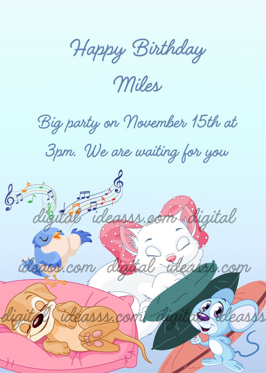 Sleepy cat, puppy, blue bird and little mouse with musical notes on pink cushion - printable birthday card for children 5-12