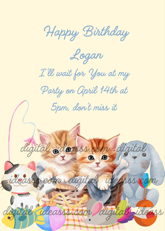 Two orange kittens sit in a wicker basket surrounded by colorful toys, a blue bunny and a plush toy - printable birthday card for kids 1-12