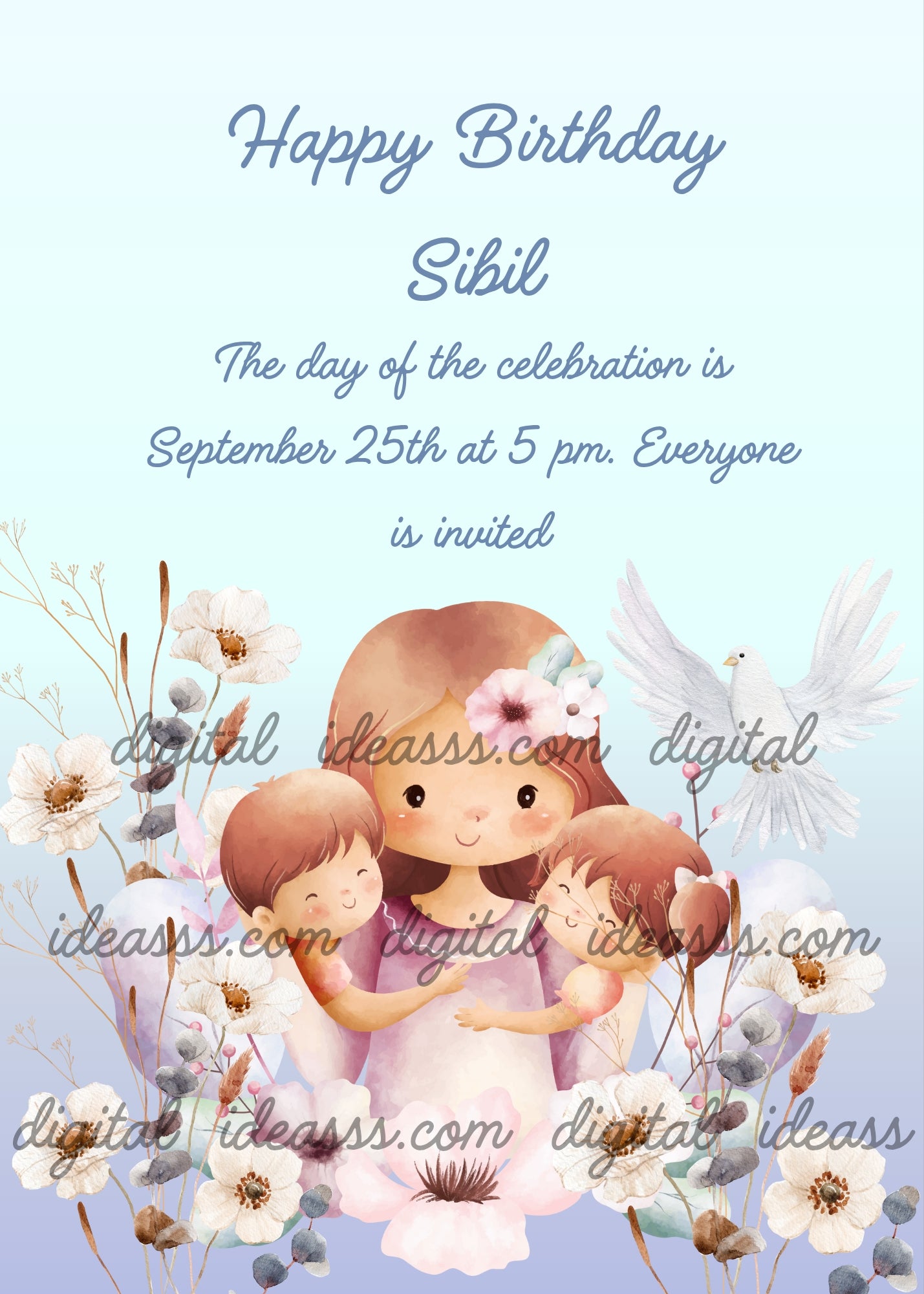 Sweet mother with brown hair hugging two children surrounded by white cosmos flowers, dried grasses and a white dove on a light blue gradient background — birthday card for children aged 8 to 12