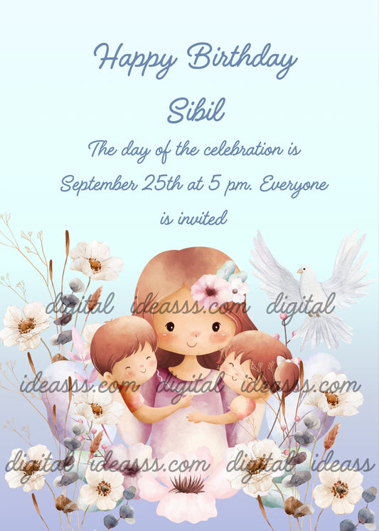 Sweet mother with brown hair hugging two children surrounded by white cosmos flowers, dried grasses and a white dove on a light blue gradient background — birthday card for children aged 8 to 12
