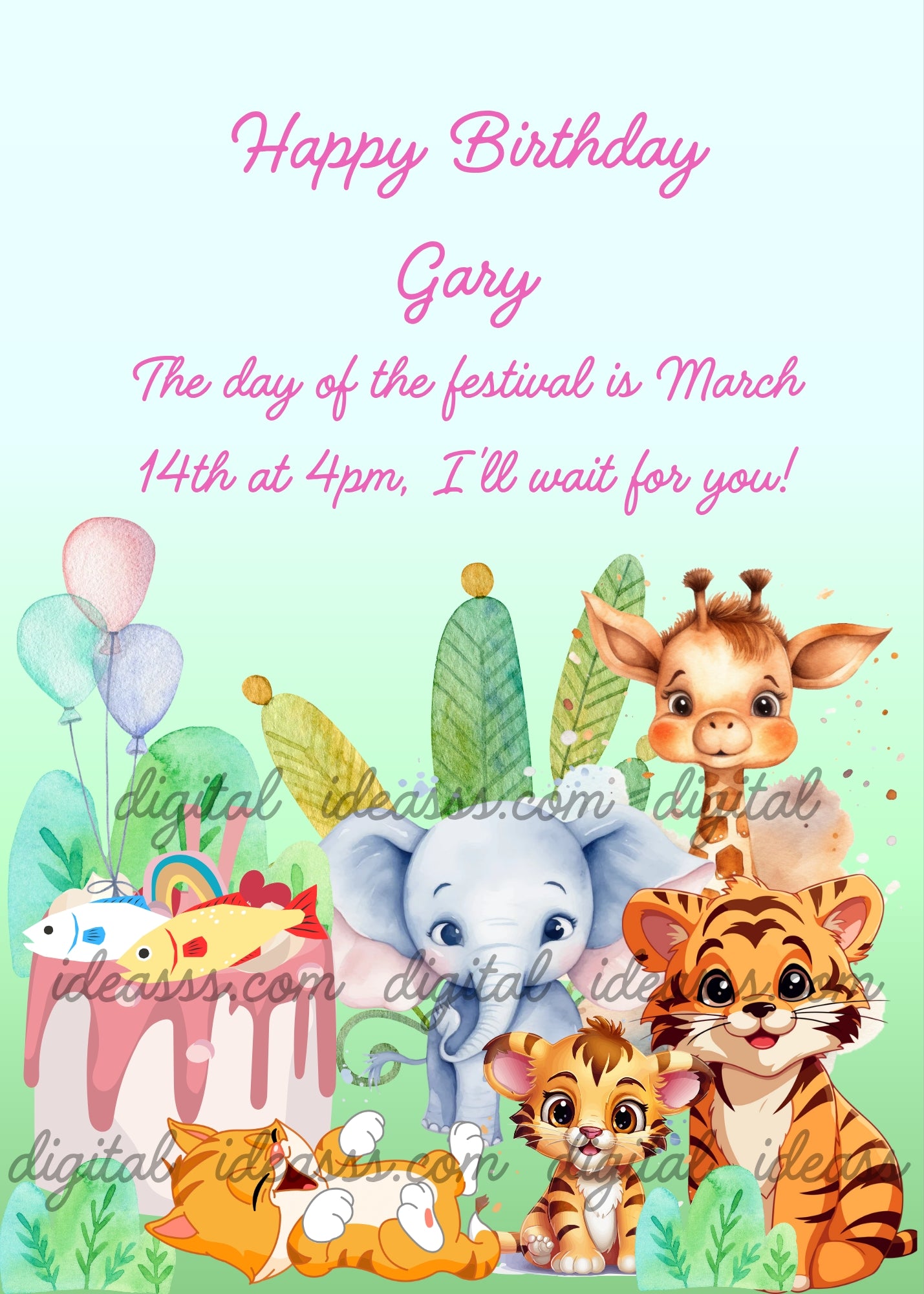 Cute elephant, giraffe, tiger with cub and orange kitten celebrating with a pink cake and colorful balloons among tropical leaves and cactus plants on a soft green gradient background — birthday card for children aged 3 to 10