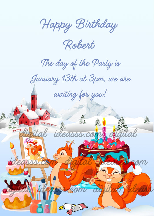 Two cheerful cartoon squirrels celebrating with cakes and painting supplies, set against a snowy winter mountain village with red houses, pine trees, and a soft light-blue background — birthday card for children aged 5 to 12