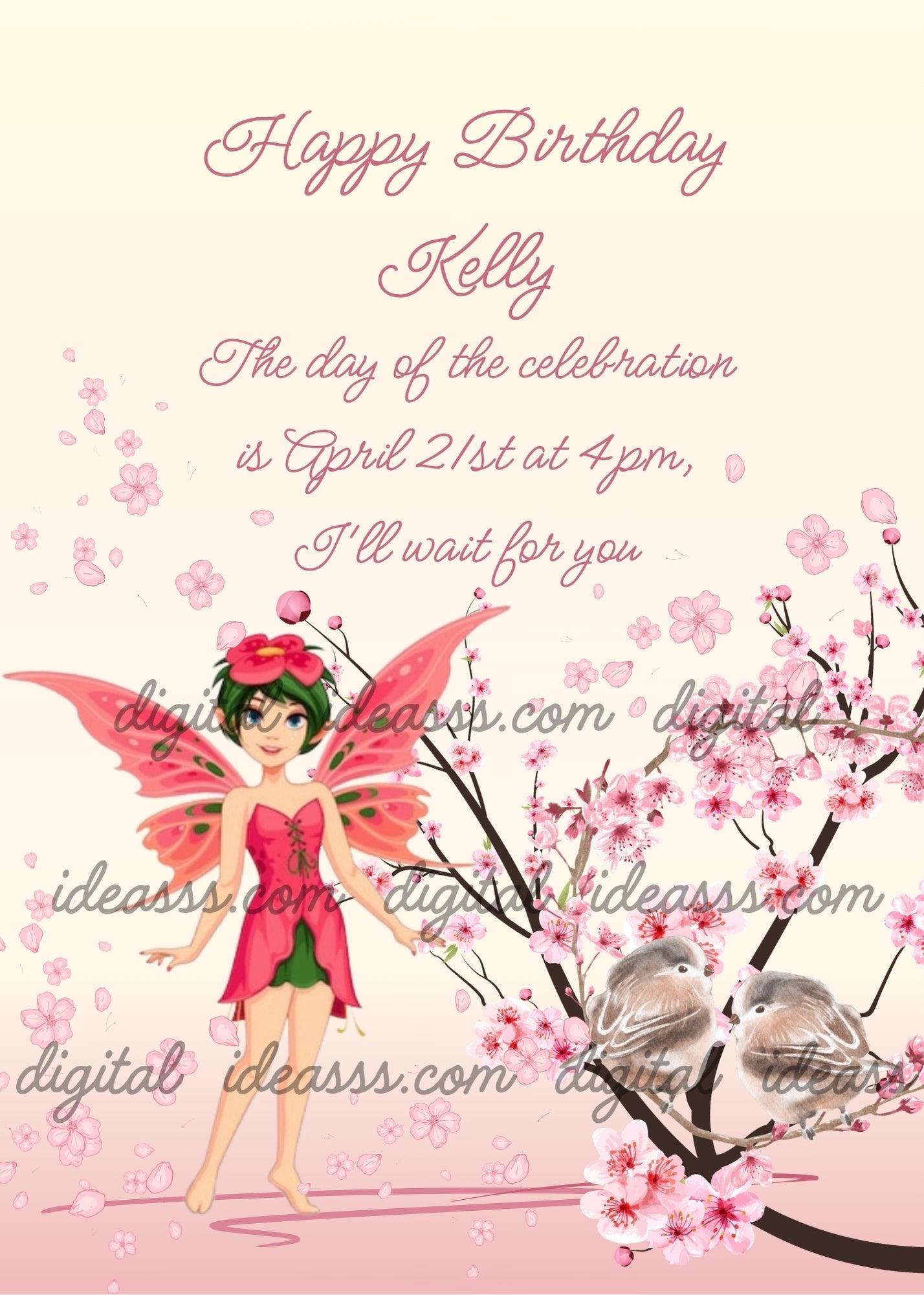 A red fairy with pink wings and green hair dancing among cherry blossom petals with two little birds on a branch on a soft cream pink background — printable birthday card for girls ages 9 to 14