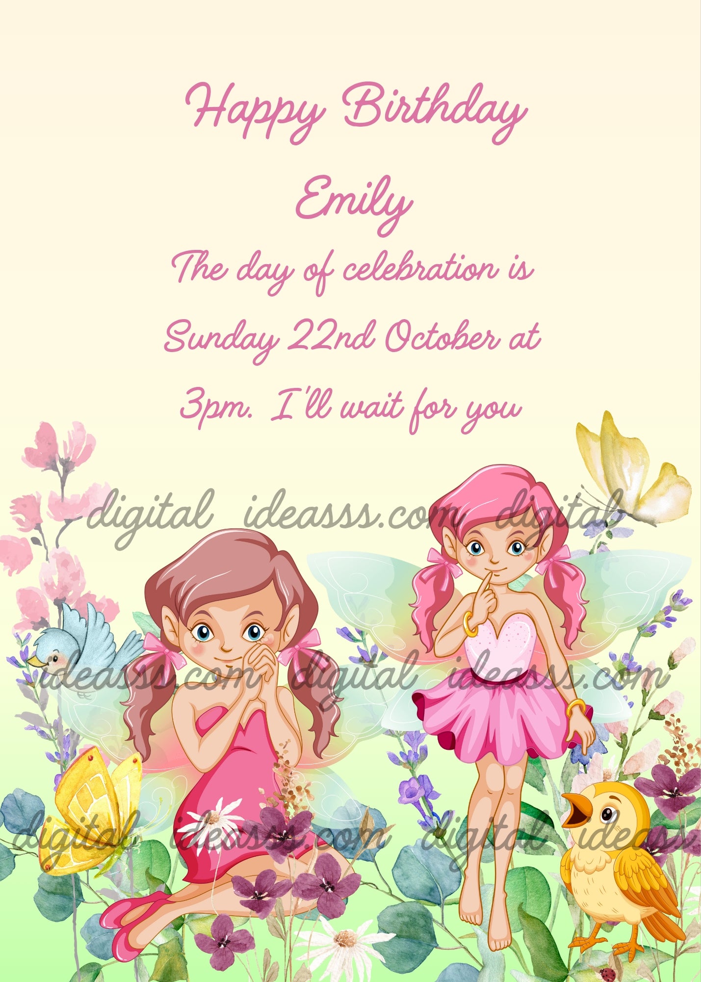 Two cute pink fairies among purple flowers lavender and colorful butterflies with little birds on a soft cream green pastel background — printable birthday card for girls ages 8 to 14