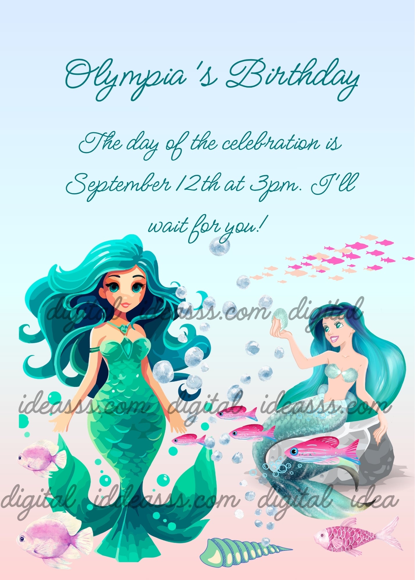 Two elegant mermaids with long turquoise hair, one standing with green tail and one sitting on a rock, pink fish, spiral shell and transparent bubbles on light blue and pink background — birthday card for girls aged 10 to 14