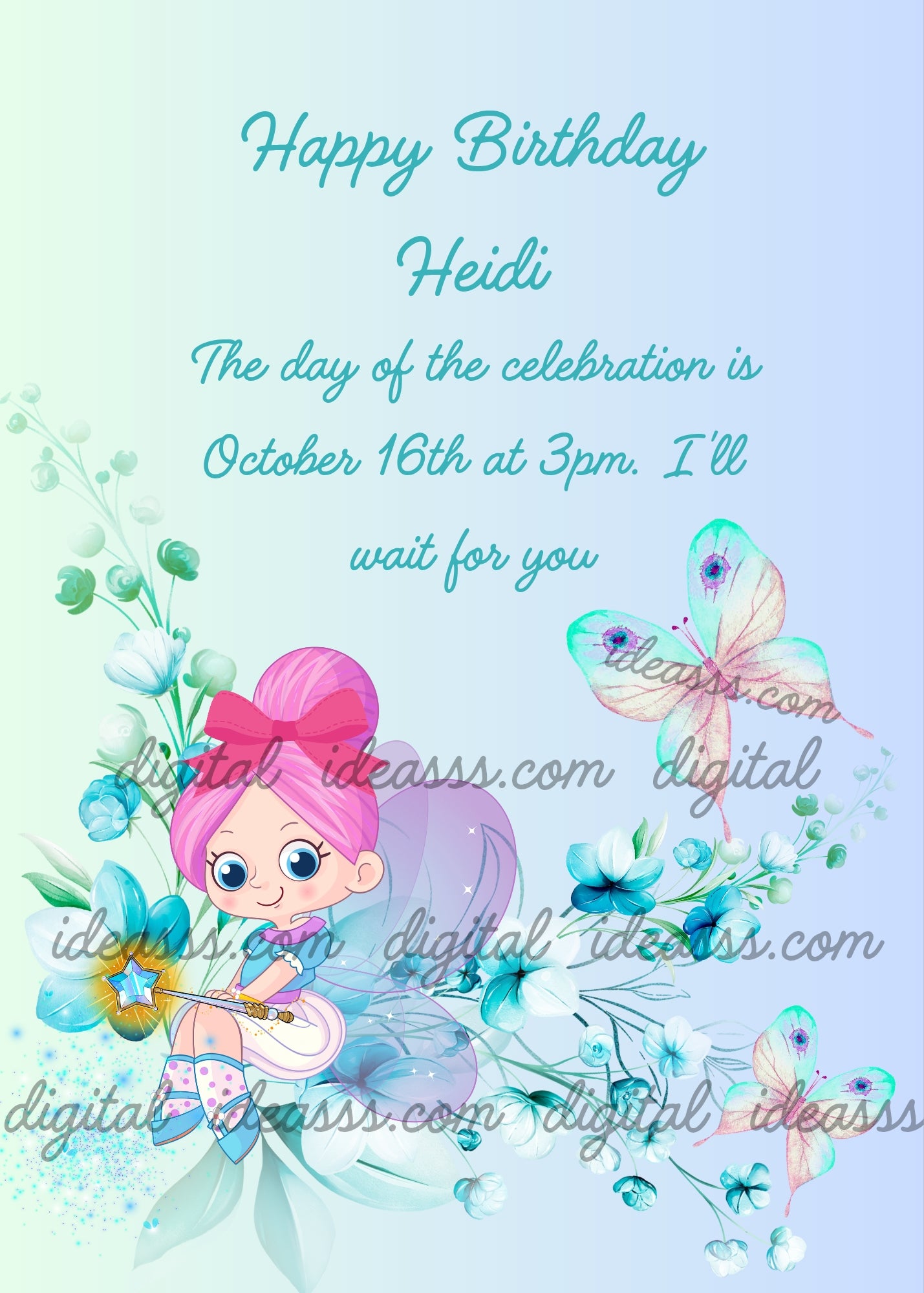 A cute kawaii pink haired fairy with a bow sitting among blue flowers holding a magic star wand with teal butterflies on a soft blue green pastel background — printable birthday card for girls ages 1 to 9