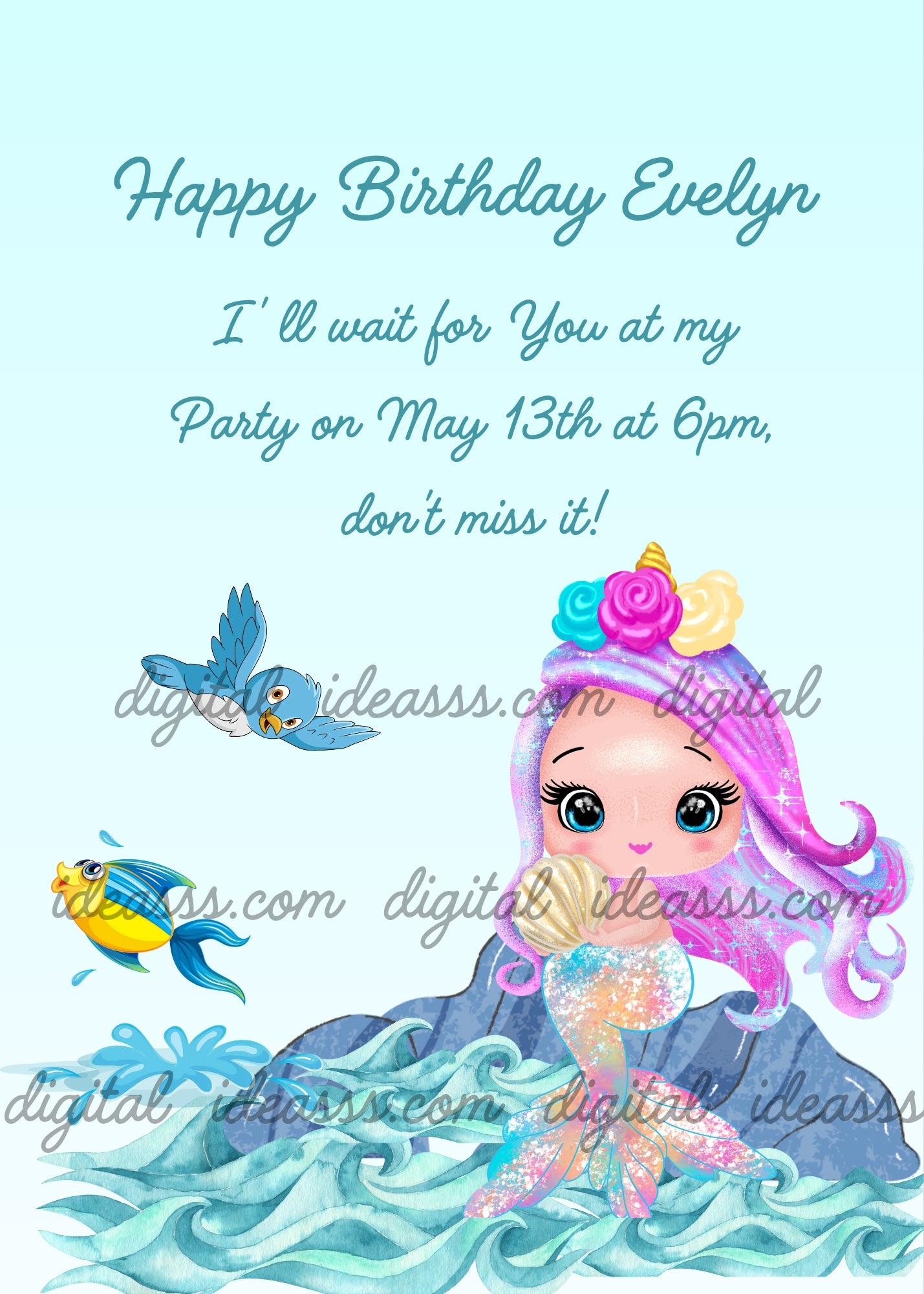  Cute baby mermaid with pink purple and blue hair and three roses on head, glittery pink tail, sitting on a blue rock with turquoise waves, holding a shell comb, yellow and blue fish and blue bird — birthday card for girls aged 1 to 9